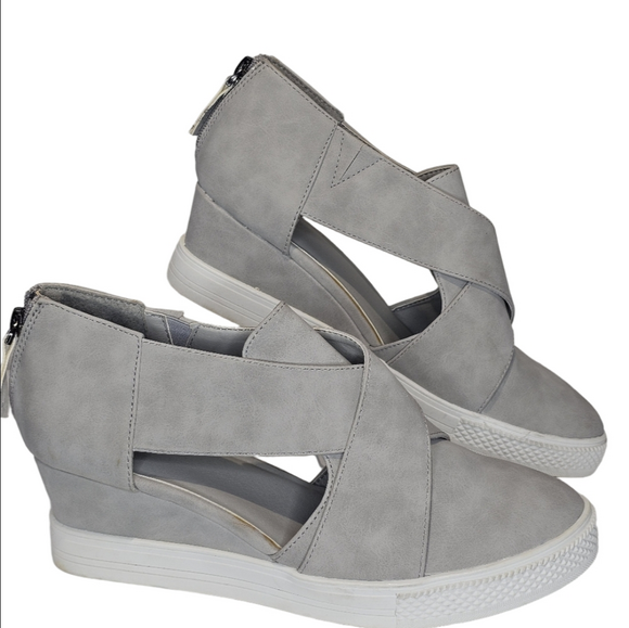 None Shoes - Hidden Wedge Gray Faux Leather Zipper Back Sneakers, Women's Size 10